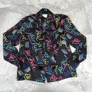Doncaster Silks Vintage 100%‎ Silk Colorful Black Letters Bow Secretary Blouse 8